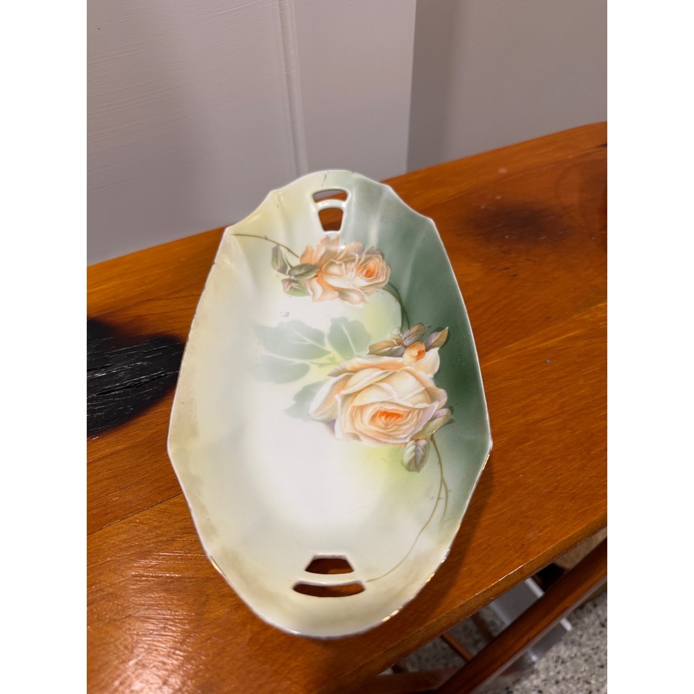 RS Germany Antique Porcelain Celery Dish Hand Painted Roses Scalloped Tray 11in
